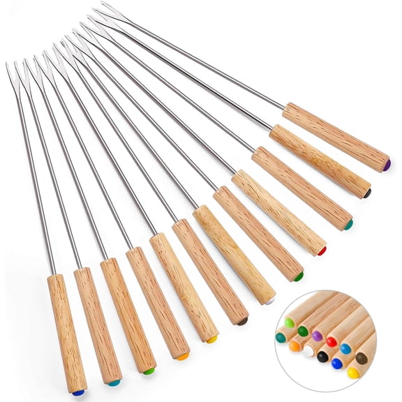Set of 12 Stainless Steel Fondue Forks, 9.5 Inches Cheese Fondue Sticks Smore Sticks with Wooden Handle Heat Resistant for Chocolate Fountain Cheese Fondue Roast Marshmallows Fruits