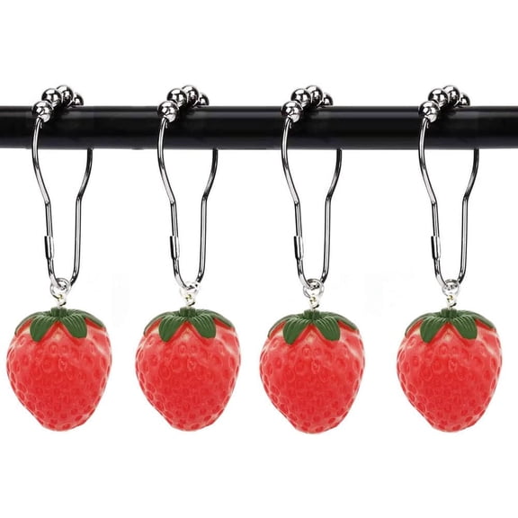 Set of 12 Strawberry Curtain Hooks Rings for Bathroom Shower Rod - Rust Proof Metal Stainless Steel Curtain Ring Red Strawberry Pendant Decoration Bathroom Decor