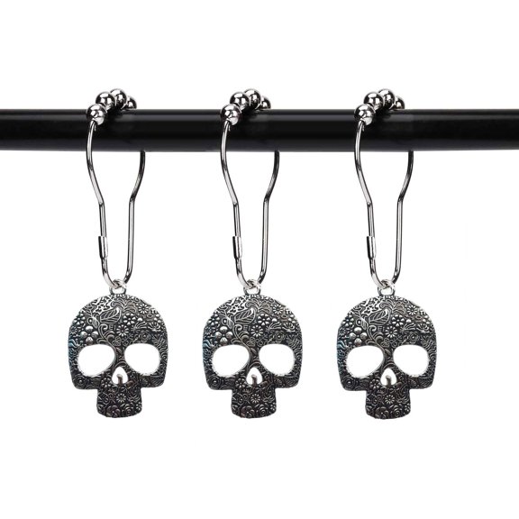 Set of 12 Sugar Skull Shower Curtain Hooks Decorative Home Bathroom Stainless Steel Rustproof Skeletons Shower Curtain Rings Decor Accessories (Black)