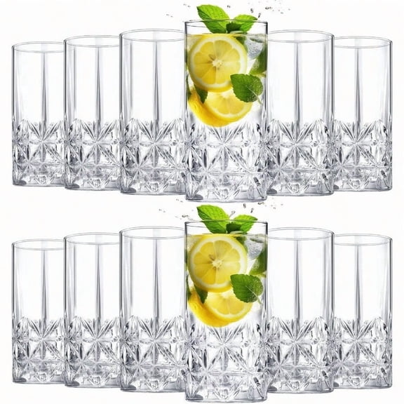 Set Of 12 Tall Highball Glasses 12 Oz Crystal Drinking Glasses Clear Fancy Cups Vintage Textured Designer Glassware For Cocktail Tea Water Beer Soda Beverages Dishwasher  Stylish Style