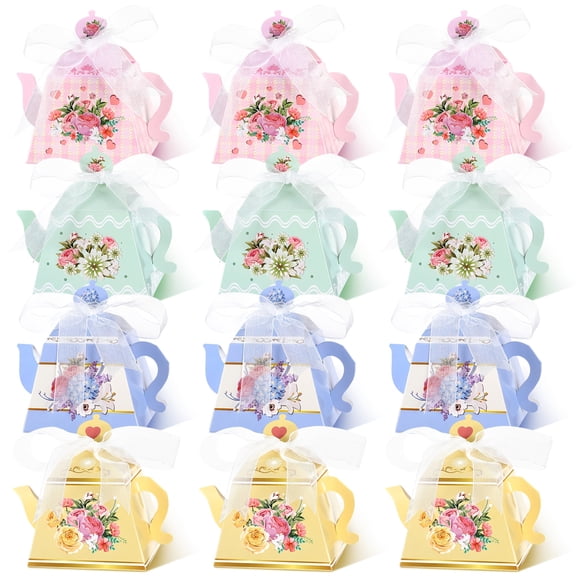 Set of 12 Tea Party Gift Boxes with Ribbons, Teapot Shaped Favors for Weddings, Birthdays, Bridal Showers, Floral Favor Bag for Treats, Available in 4 Styles, Lets Partea Party Favor Boxes