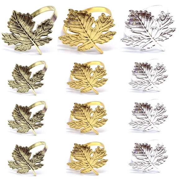 Set of 12 Thanksgiving Fall Napkin Rings Round Napkin Holders Maple Leaf Napkins Golden/Silver/Vintage Fall Table Decorations for Dining Table, Wedding, Birthday Party, Family Gatherings