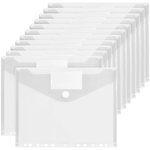 Set of 12 Transparent Document Folders,Plastic Binder Pocket with Snap Button and Lable,11 Holes Poly Filing Envelopes,A4 Size Expandable File Pouch,Home Work Office Organizer,Clear