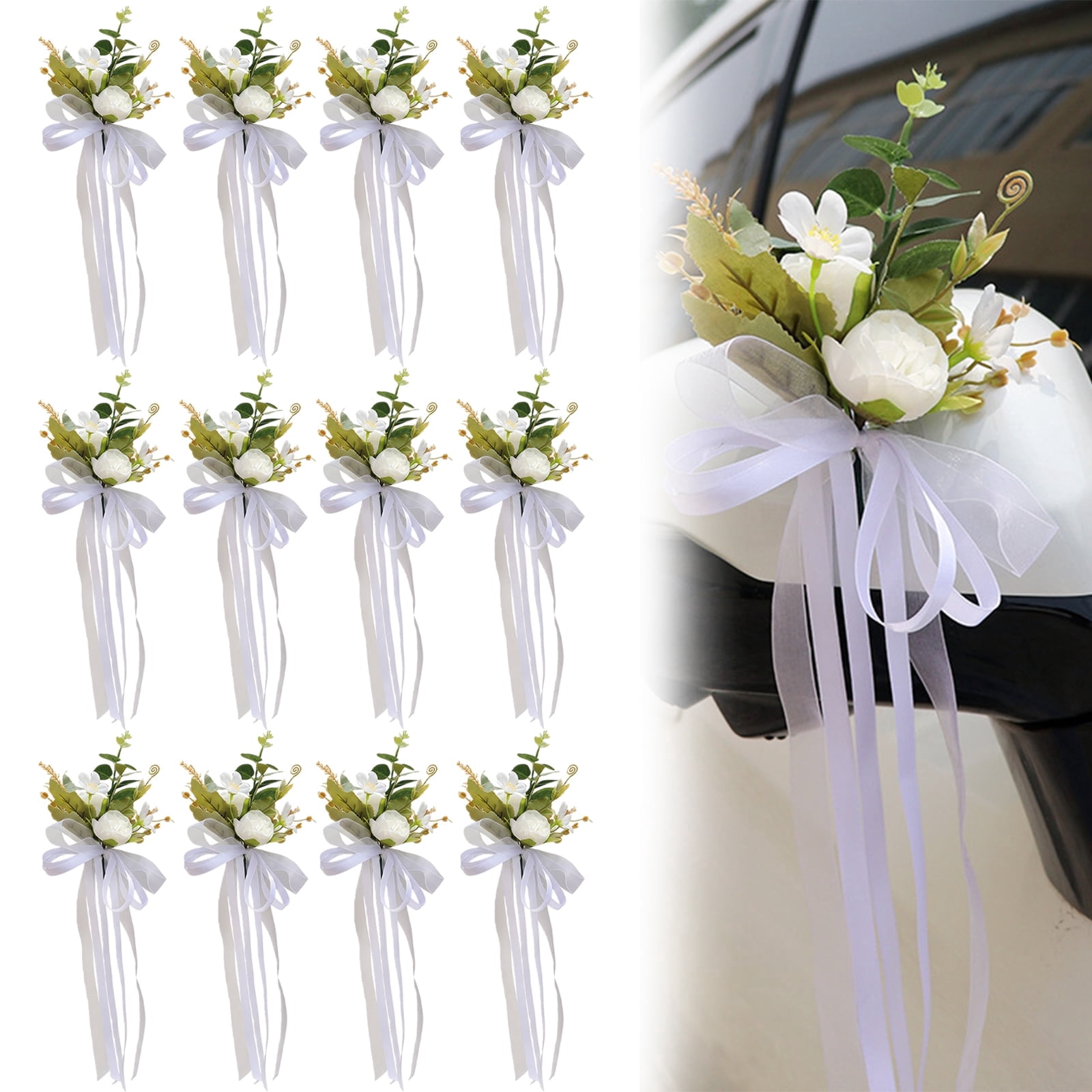 Set of 12 White Wedding Car Decorations Artificial Flowers for Door Handle Decor Just Married Car Decorations for Mirror Wedding Accessories for Reception Flores Artificiales para Decoracion