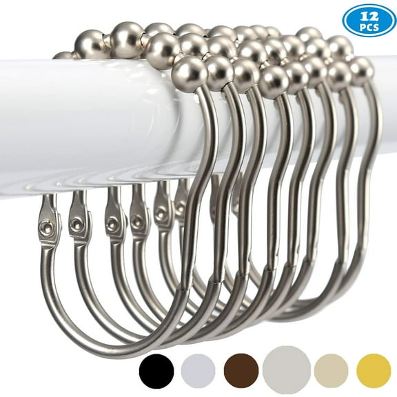 Set of 12 Wide Shower Curtain Rings Hooks, Rust-Free Premium Stainless Steel Easy Glide Rollerball Shower Ring, Decorative Brushed Matte Nickel Finish