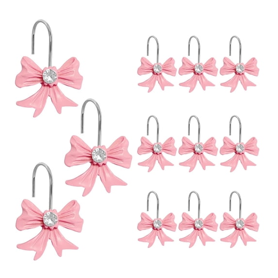 Set of 12PCS Pink Bow Knot Decorative Shower Curtain Hooks, Cute Art Deco Resin Stainless Steel Girls Room Bath Rings Bathroom Bedroom Hangers Accessories