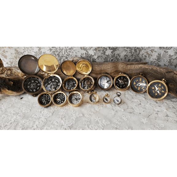 Set of 14 Vintage Brass Compasses with Assorted Designs | Maritime Treasures Collectible Navigation Compass Set | Nautical Gift for Men & Women | Antique Pocket Compass Collection