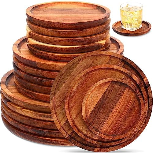 Set of 15 Acacia Wood Charger Plates Round Wooden Dinner Platters Cheese Charcuterie Boards Bulk Food Serving Trays for Snack Dessert Appetizer, 6" & 8" & 10", Housewarming Christmas Gifts