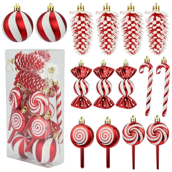 Set of 15 Christmas Tree Ornaments, Kvago Hanging Candy Cane Decorations Swirl Lollipop Christmas Ball Ornaments with Rope for Home Xmas Tree Party Holiday Decoration (Red & White)
