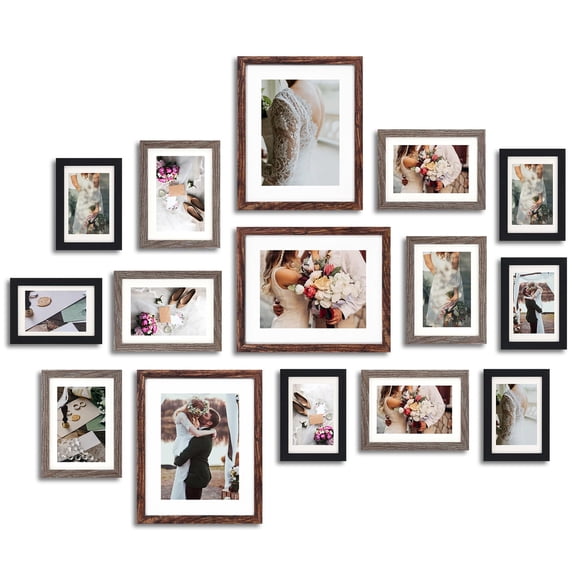 Set of 15 Multi-Size Collage Picture Frames Kit, Includes 8x10,5x7,4x6 Frames with Tabletop Easel, Assorted Finishes (Dark Brown, Light Brown, Black), for Personalized Wall Decor in Home or Business