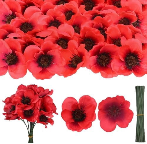Set of 150 Red Poppy Artificial Flowers Fake Flowers Poppies Head Fake Wildflowers with 6 Inch Flower Branch for Memorial Veterans Day Remembrance Sunday Bouquet Corsages Home Kitchen Decor$$