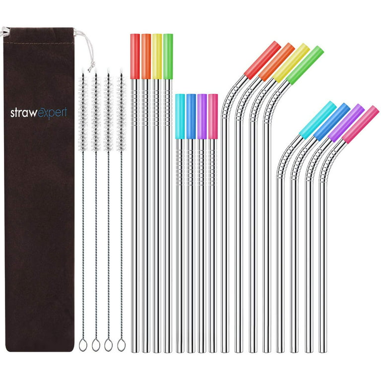 Set of 16 Reusable Stainless Steel Straws with Travel Case Cleaning Brush  Silicone Tips Eco Friendly Extra Long Metal Straws Drinking for 20 24 30 oz  Fit Yeti Tervis Rtic Tumbler 