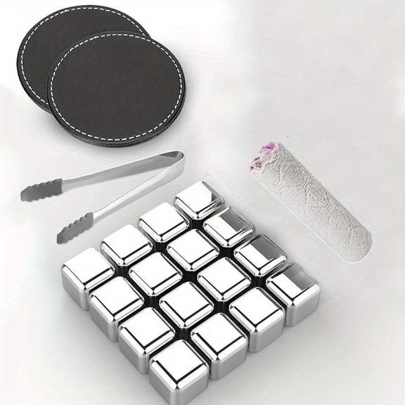 Set of 16 Whiskey Stones Gift Set for Men, Stainless Steel Ice Cubes Chilling Stones Reusable, High Cooling Rocks Metal Ice Cube for Drinks Beverage Wine with Ice Tongs & Coaster