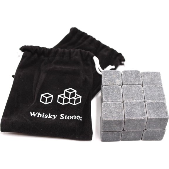 Set of 18 - Pure Soapstone Reusable Chilling Rocks for Whiskey No Water Dilution & Perfect Liquor, Wine and Other Beveras with 2 Velvet Bags Included (Grey Color)