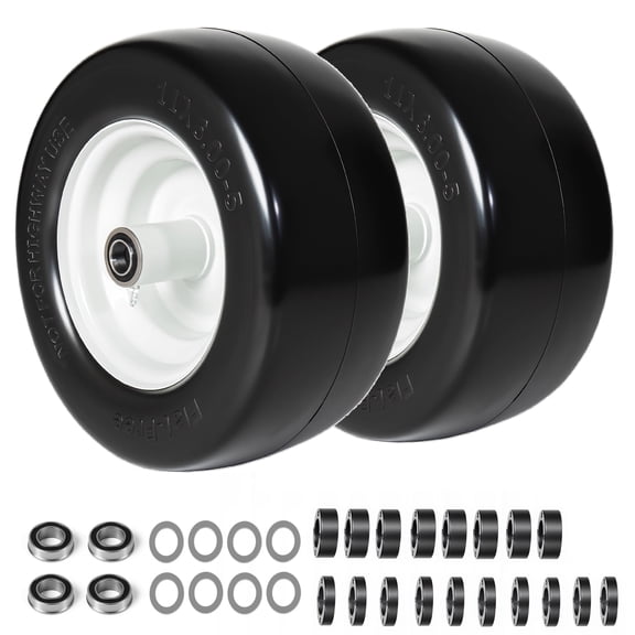 (Set of 2) 11x6.00-5 Smooth Tire and Wheel, 11x6-5 Solid Rubbe Riding Lawn Mower Tire with Rim, 3/4" Bearing, 5.8" Centered Hub, Smooth Tread Solid Tire for Zero Turn Mowers 