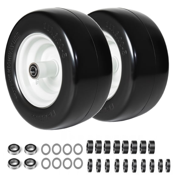 (Set of 2) 11x6.00-5 Smooth Tire and Wheel, 11x6-5 Solid Rubbe Riding Lawn Mower Tire with Rim, 3/4" Bearing, 5.8" Centered Hub, Smooth Tread Solid Tire for Zero Turn Mowers