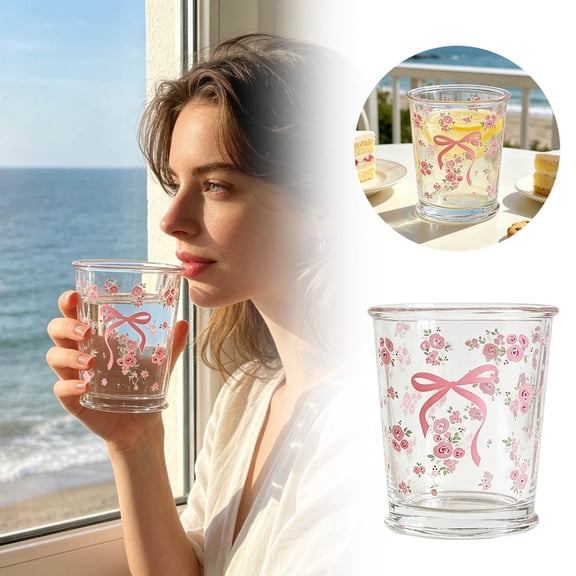 Set of 2 12 Oz French Floral Drinking Glasses Cute Bow Glass Cup for Iced Coffee,Latte,Tea,Juice,Milk,Dessert,Stackable Flower Glassware Drinkware Set