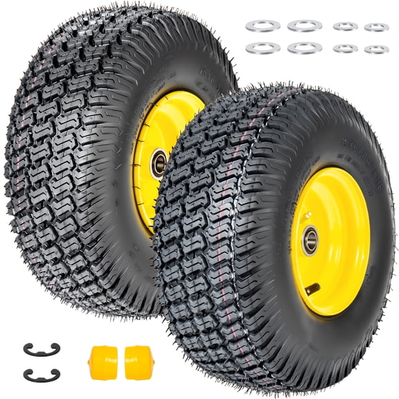 Set of 2 15x6.00-6 Lawn Mower Tires and Wheel Assembly, 4-Ply Tubeless Turf Tread Replacement, 3" Centered Hub with 3/4" Bearings, Yellow Steel Rim for Riding Mowers, 570 lbs Capacity