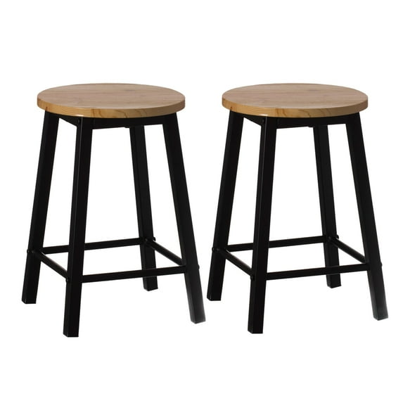 Set of 2 17.5-Inch Rustic Round Solid Wood Counter-Height Bar Stool with Footrest and Durable Steel Frame, Perfect for Dining Room, Kitchen Island and Home Bar - Ideal for Indoor and Outdoor Parties