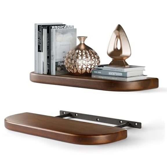 Set of 2 17 Acacia Wood Floating Shelves Wall Mounted Round Edge Wooden Decorative Wall Bookshelf - Storage Shelf Organizer for Home - Black Brackets and Shelving Mounting Included(Walnut)