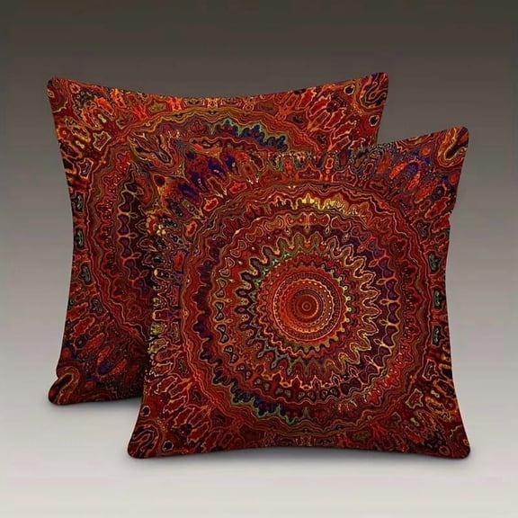 Set of 2 18x18 Pillows Red Fantasy Golden Mandala Bohemian Style Modern Decorative Square Pillowcases for Sofa Couch Bedroom Living Room Car Retro Linen Throw Pillow Covers, Mandala Pattern