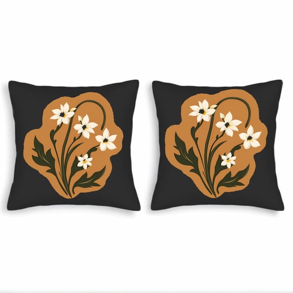 Set of 2 18x18in Throw Pillow Covers with Vintage Floral Design - Dark Brown Background White & Yellow Flowers Green Leaves - Perfect for Couch Bed Car