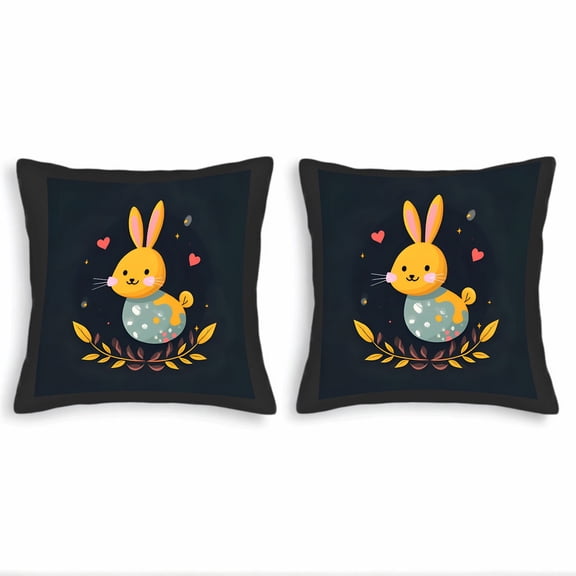 Set of 2 18x18in Throw Pillow Covers featuring a cheerful cartoon rabbit on a decorated egg surrounded by hearts and stars perfect for couch bed or car