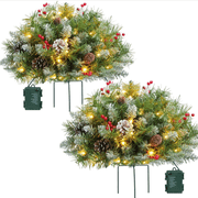 Set of 2 20in Outdoor Christmas Trees, Frosted Christmas Pot Fillers Battery Operated, Prelit Planter Bushes with Cones, Red Berries & Tripod Stake, Holiday Decor for Porch, Yard