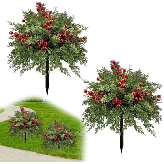 Set of 2 23'' Artificial Christmas Topiary Ball Flowers for Outdoor Decoration Christmas Artificial Pine Branches with Red Berry StemsFaux Evergreen Norfolk Pine Cypress Leaves Stems for Garden