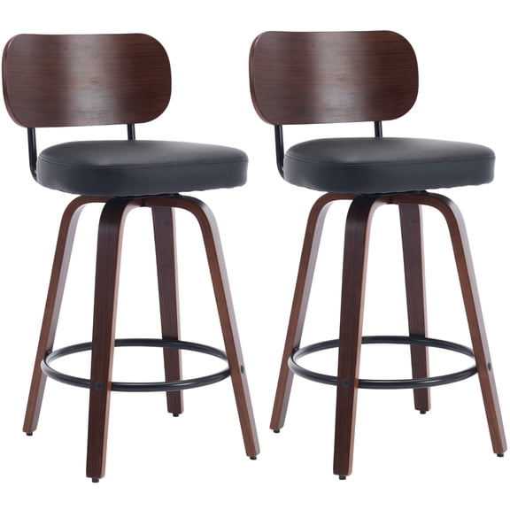 Set of 2 26" Counter Height Bar Stools, 360° Swivel Rattan Cane Back Barstools with Upholstered PU Leather Seat, Walnut Wood Frame Counter Stools for Kitchen Island/Bar/Counter