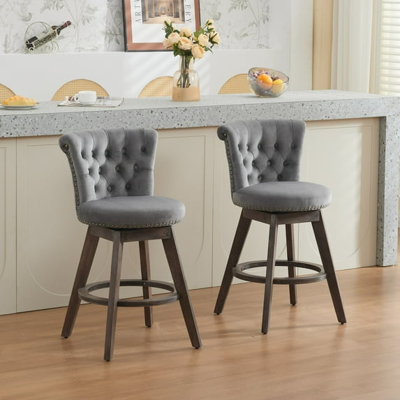 Set of 2 26" Counter Height Bar Stools, 360° Swivel Stools with Back & Hand, Tufted Button, Trimmed Edges, Upholstered Velvet Kitchen Counter Stools on Wood Legs (Gray)