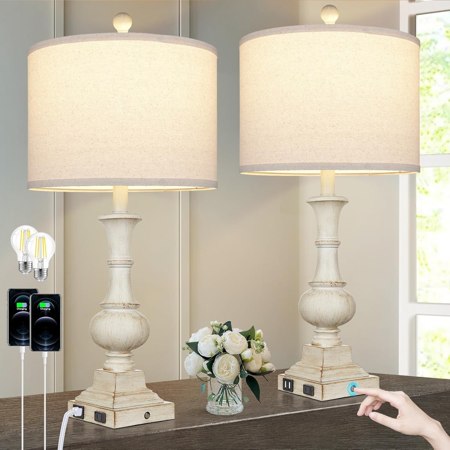 Set Of 2 Modern Table Lamps With USB Charging - 3-Way Dimmable Bedside Lamps With AC Outlet