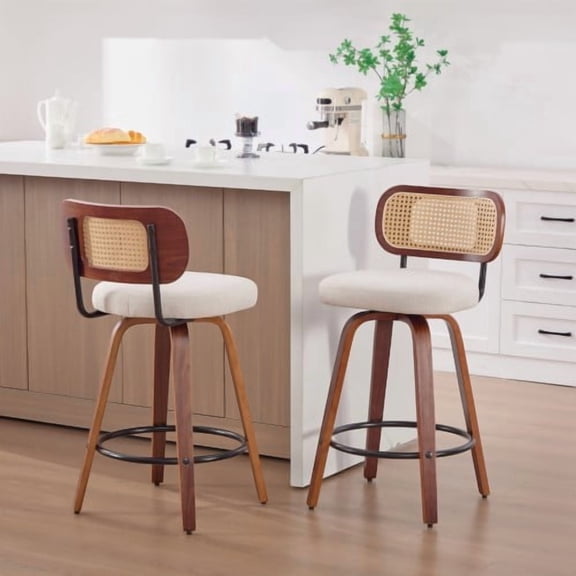 Set of 2 26-Inch Counter Height Bar Stools - Walnut Black, Cane Rattan Back, Beige Linen Upholstered Seat, Swivel Design for Kitchen Island/Bar/Counter,SW1766BG