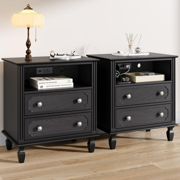 Set of 2 - 26" Tall Black Nightstand with Charging Station, 2 Drawer Modern Transitional Bedside Table with USB Ports, Outlets, Cable Hole & Open Shelf for Bedroom or Living Room