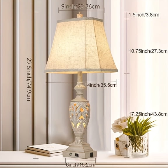 Set of 2 29.5"H Touch Traditional Desk Lamps, Retro Bedside Lamp with Dual USB & Night Light, 3-Color Hollow Leaf Design, Water-Washed Decor for Living Room Bedroom