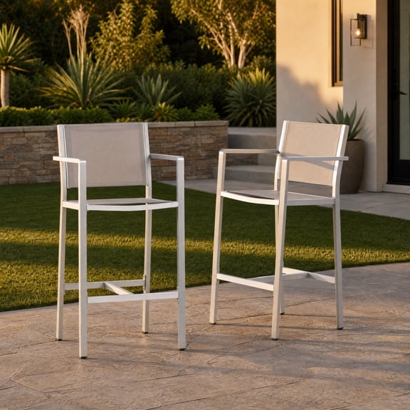 Set of 2 29.5" Outdoor Bar Stools RustProof Silver Aluminum Frame with Grey Breathable Mesh WeatherResistant Modern Patio Counter Height Bar Chairs for Backyard Poolside