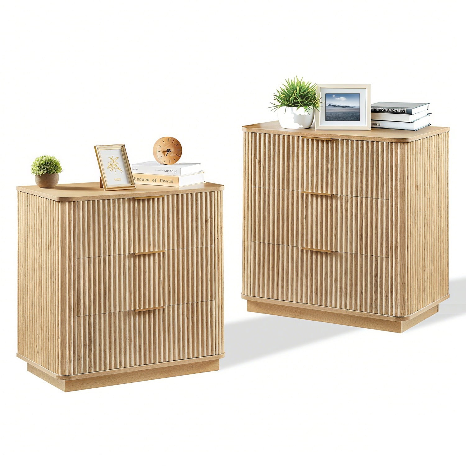 Set of 2 3 Drawer Dressers, Modern Chest of Drawers with Curved Wave Design, 27.6" Wood Storage Cabinet Nightstands, Bedroom Organizer for Living Room, Hallway, Oak