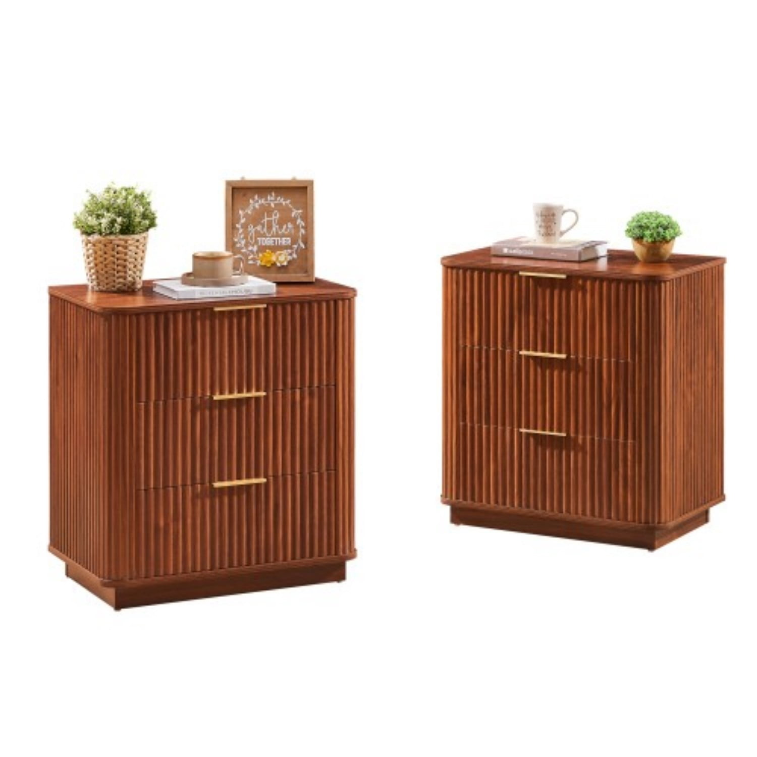 Set of 2 3 Drawer Dressers, Modern Chest of Drawers with Curved Wave Design, 27.6" Wood Storage Cabinet Nightstands, Bedroom Organizer for Living Room, Hallway, Walnut