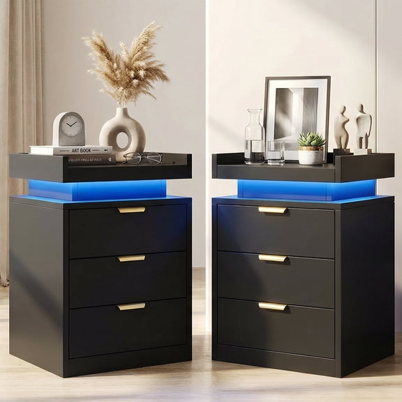 Set of 2 3 Drawers Bedside Table with Adjustable RGB LED Lights, LED Nightstand with Charging Station & USB Ports, High-Gloss Modern Nightstands for Bedroom, Black