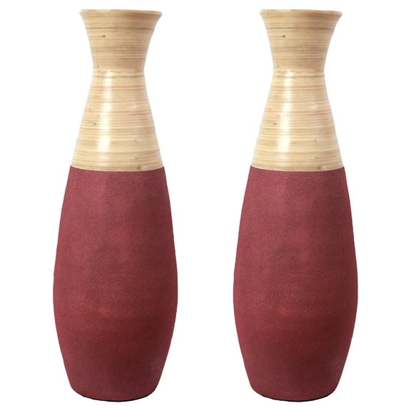 Set of 2 31.5 inch Tall Handcrafted Bamboo Floor Vase, Burgundy and Natural Finish, Decorative Accent, Large Floor Vase, Sustainable Bamboo, Living Room, Dining Room, Entryway Decor