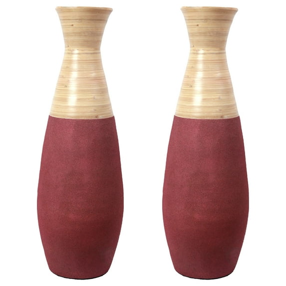 Set of 2 31.5 inch Tall Handcrafted Bamboo Floor Vase, Burgundy and Natural Finish, Decorative Accent, Large Floor Vase, Sustainable Bamboo, Living Room, Dining Room, Entryway Decor
