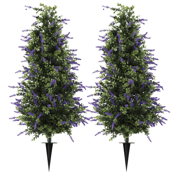 Set of 2 35.5" Artificial Boxwood Topiary with Lavender, UV Resistant Faux Evergreen Fake Bushes Shrubs with Ground Spike for Front Porch Planters Outdoor Garden Decor