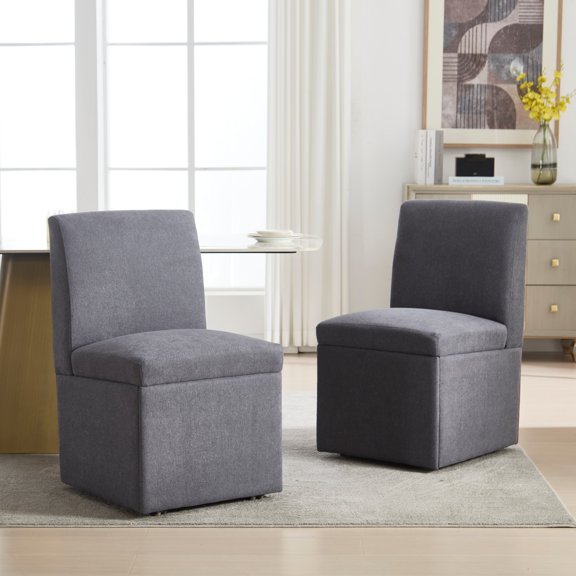 Set of 2 360 Degree Swivel Upholstered Dining Chairs, Swivel Dining Room Chairs Kitchen Chairs Casters & Storage Comfy Modern Rolling Chair for Living Room Fabric Armless Chair (Dark Gray)