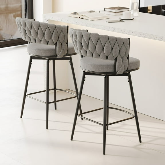 Set of 2 360°Swivel Bar Chairs, Equipped with Soft Cushioned Backrest Counter Stool, Metal Leg Modern Luxury Kitchen Chair, Suitable for Family Dining, Kitchen Island (Gray)