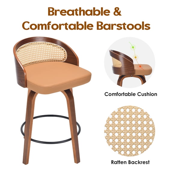 Set of 2 360 Swivel Counter Height Bar Stools, Mid Century Barstools with Rattan Back, PU Leather Upholstered Seat, Solid Wood Frame & Footrest, Industrial Modern Stools for Kitchen Counter Home Bar