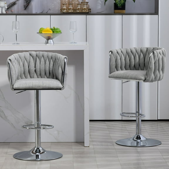 Set of 2 360 Swivel Fabric Bar Stools, Adjustable Counter Height Bar Chairs with Woven Tufted Backrest & Footrest, Chrome Silver Metal Base Barstools for Kitchen Island, Cafe & Pub