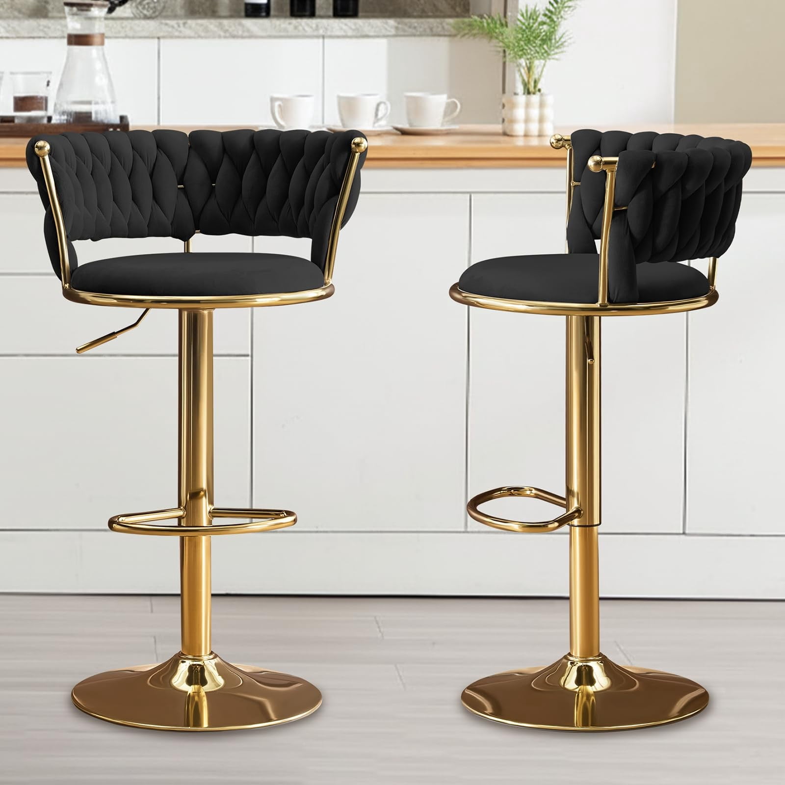 Set of 2 360° Swivel Velvet Bar Stools, Adjustable Counter Height Bar Chairs with Gold Metal Base & Low Back, Modern Kitchen Island Barstools for Dining Room & Pub, Black