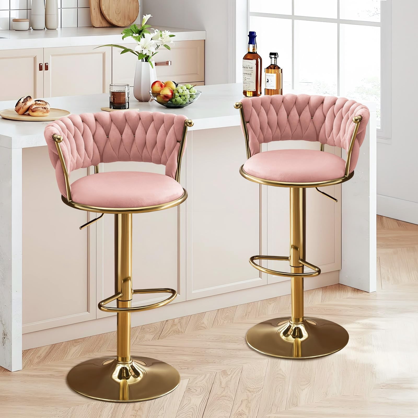 Set of 2 360° Swivel Velvet Bar Stools, Adjustable Counter Height Bar Chairs with Gold Metal Base & Low Back, Modern Kitchen Island Barstools for Dining Room & Pub, Pink
