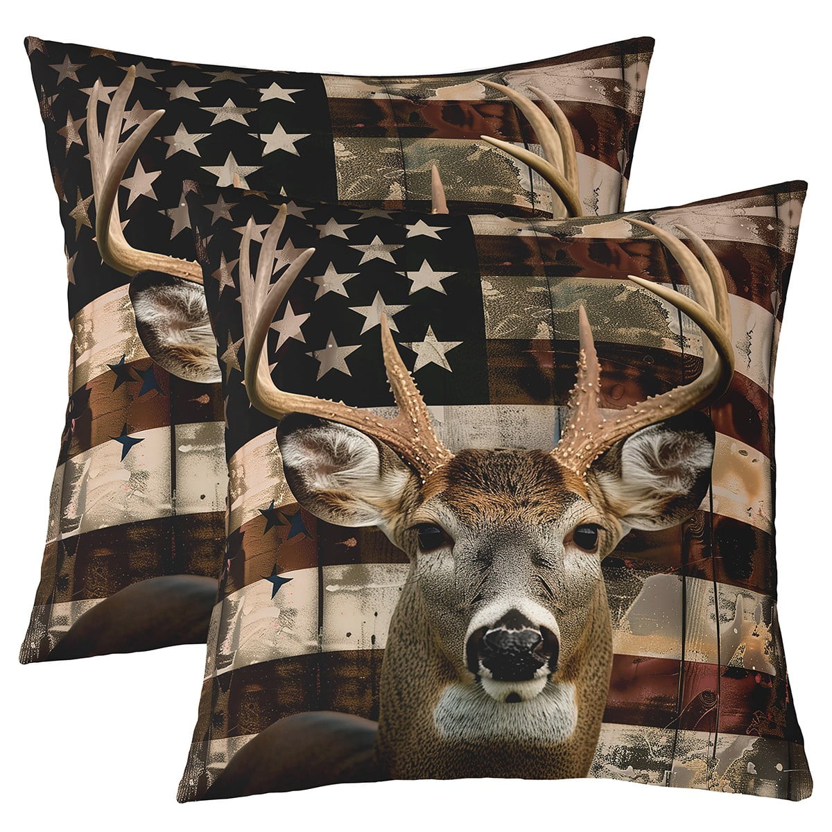 Set of 2 3D Deer Pillow Covers 18x18 Inch,Brown Antler Elk Cushion Covers,Retro American Flag