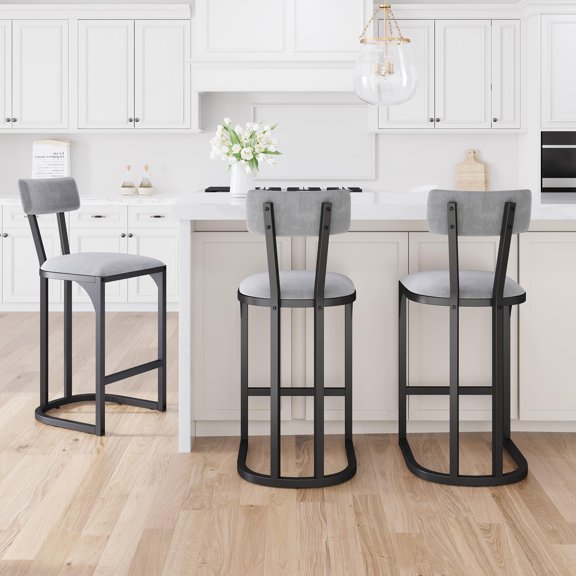 Set of 2/4/6/8 Suede Upholstered Counter Height Bar Stools with Backrest - Mid Century Modern Style - Sturdy U-Shaped Metal Legs - Ideal for Kitchen Island, Dining Room